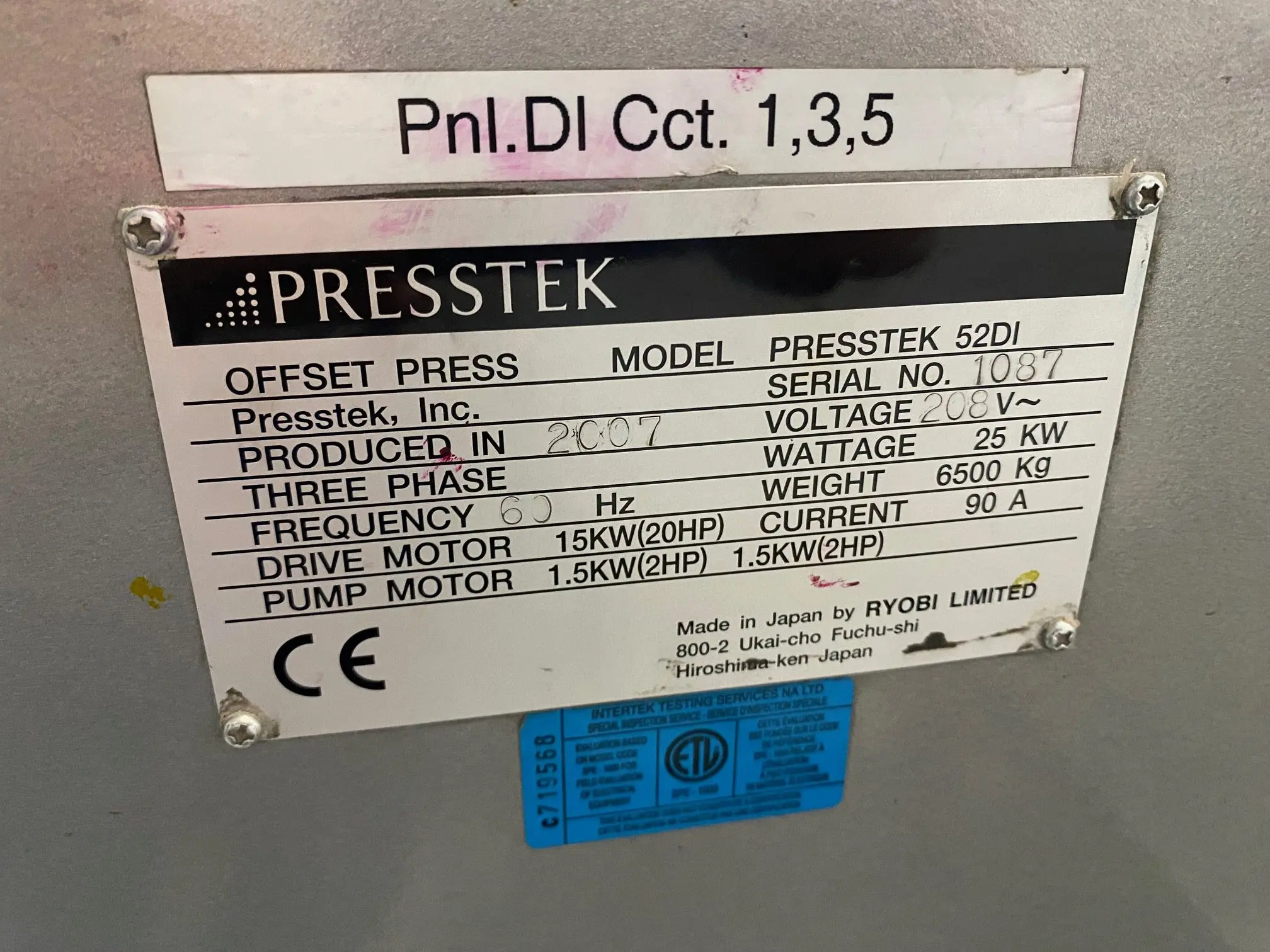 PressTek machine specification label with technical details.